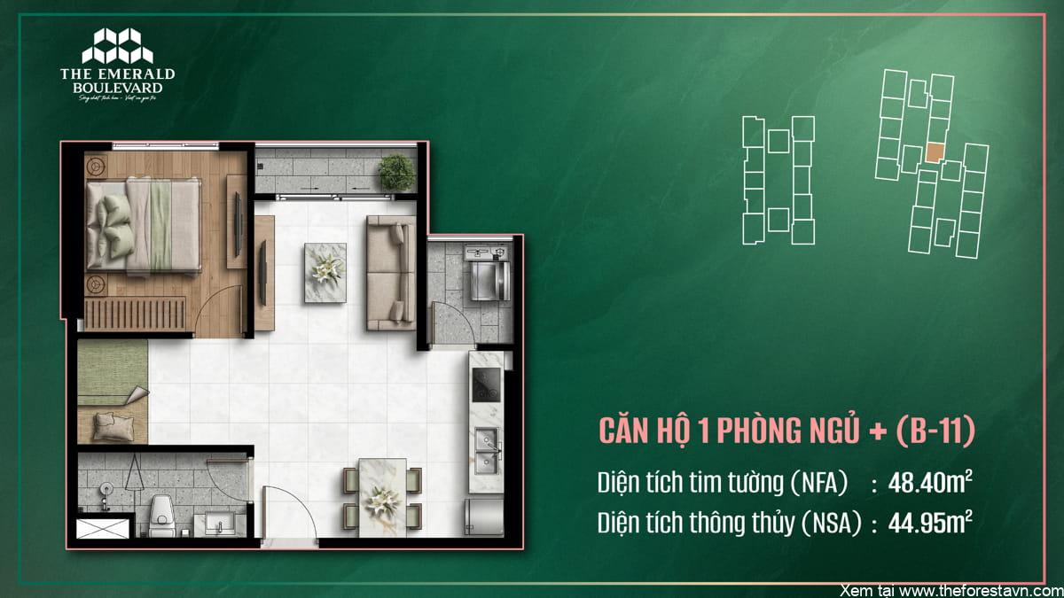 Bản thiết kế căn hộ 1PN Plus B-11 tại The Emerald Boulevard