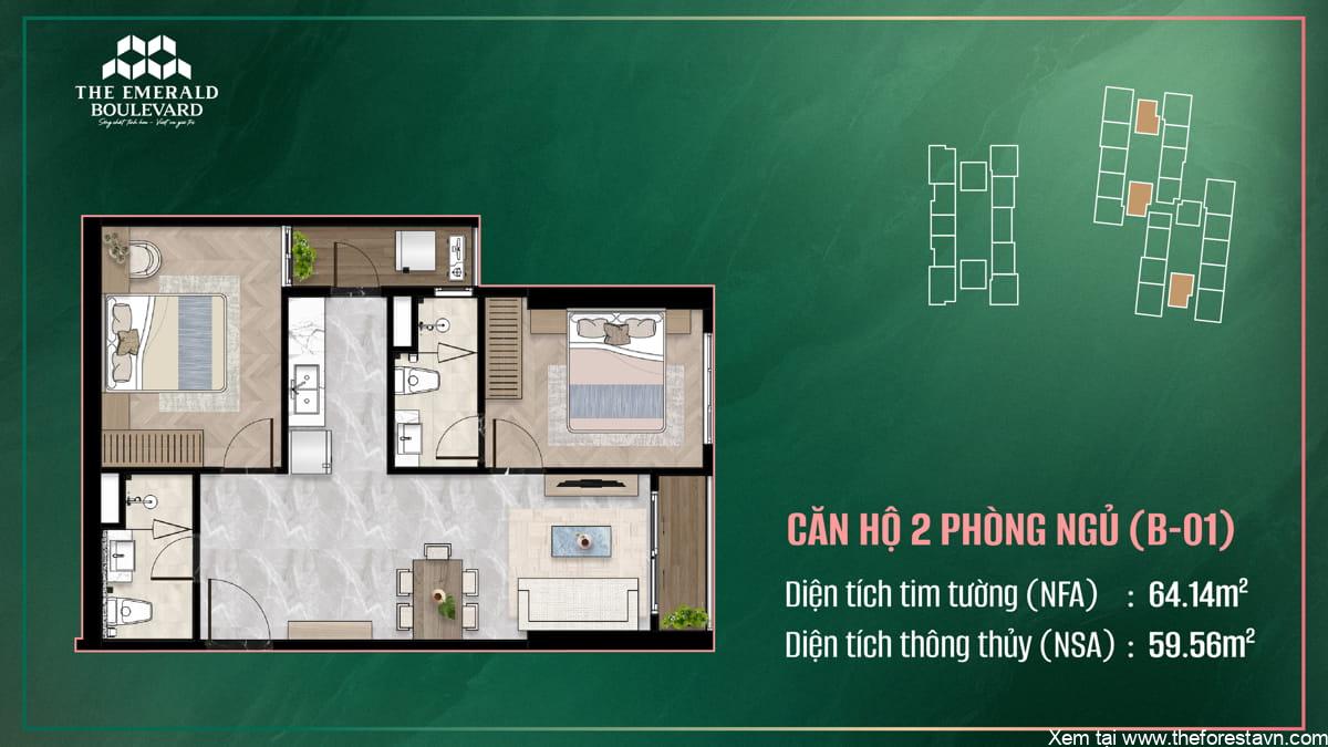 Bản thiết kế căn hộ 2 phòng ngủ B-01 thuộc The Emerald Boulevard, bố cục và phân chia phòng
