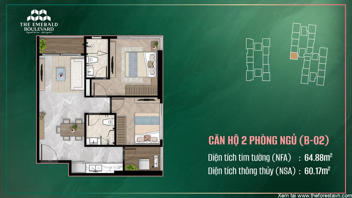 Bản thiết kế căn hộ 2 phòng ngủ B-02 của The Emerald Boulevard, phiên bản minh họa