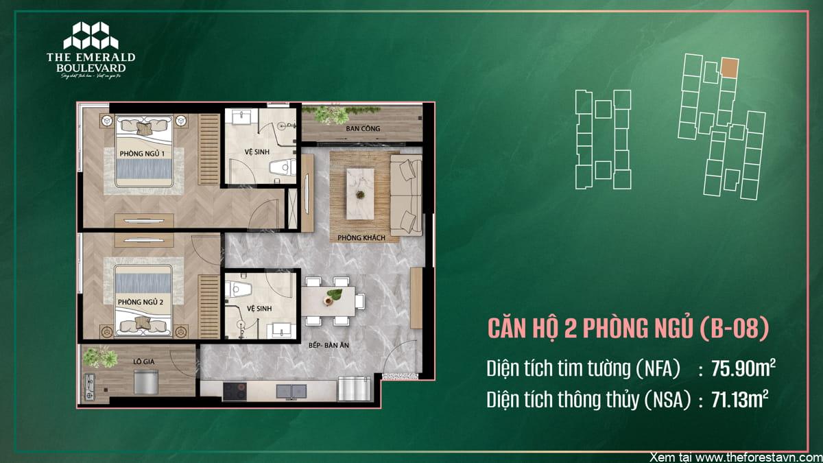 Bản thiết kế căn hộ B-08 2 phòng ngủ The Emerald Boulevard