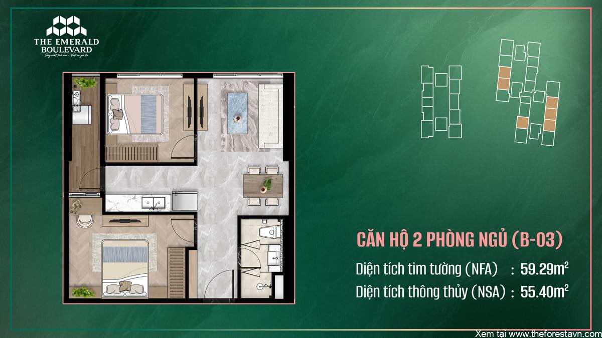 Bản thiết kế nội thất căn hộ 2 phòng ngủ mã B-03 thuộc dự án The Emerald Boulevard, bố cục và vật liệu hài hòa