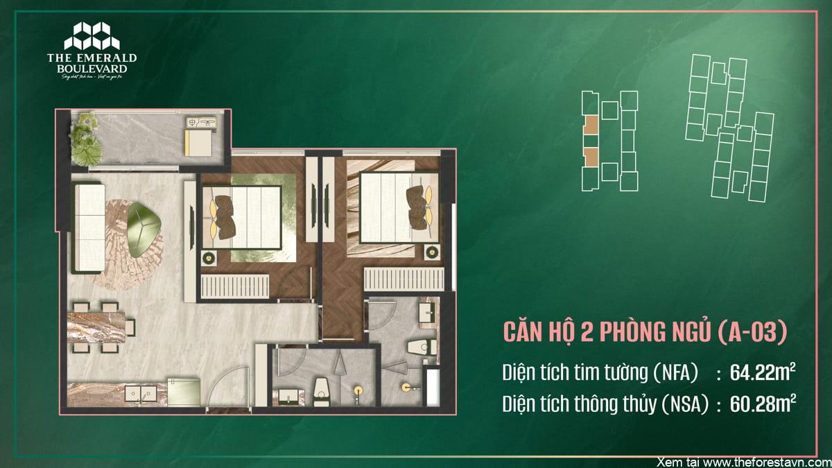 Bản vẽ căn hộ 2 phòng ngủ A-03 dự án The Emerald Boulevard