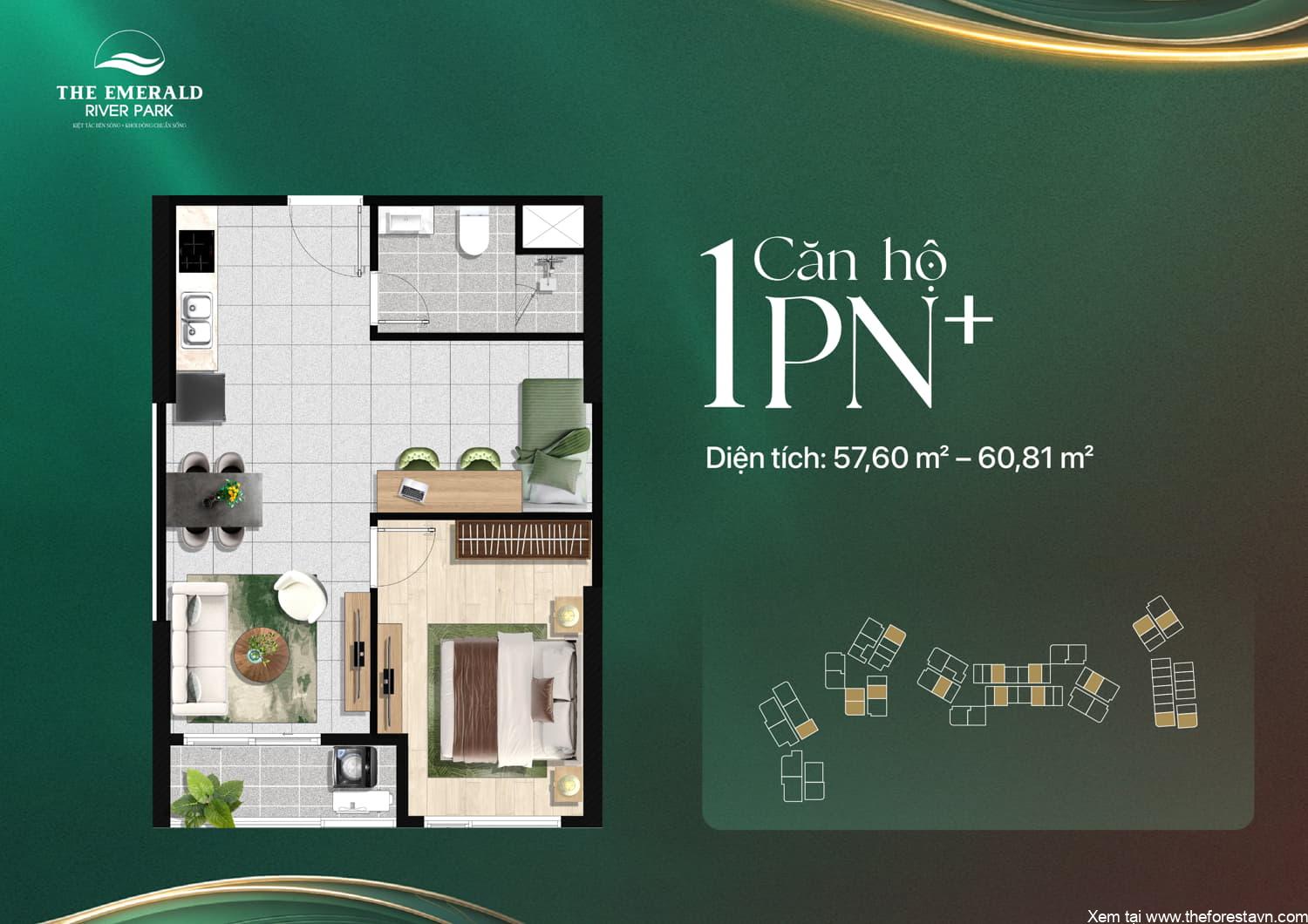 Bản vẽ mặt bằng căn hộ 1PN+1 dự án The Emerald River Park diện tích 57–60 m2