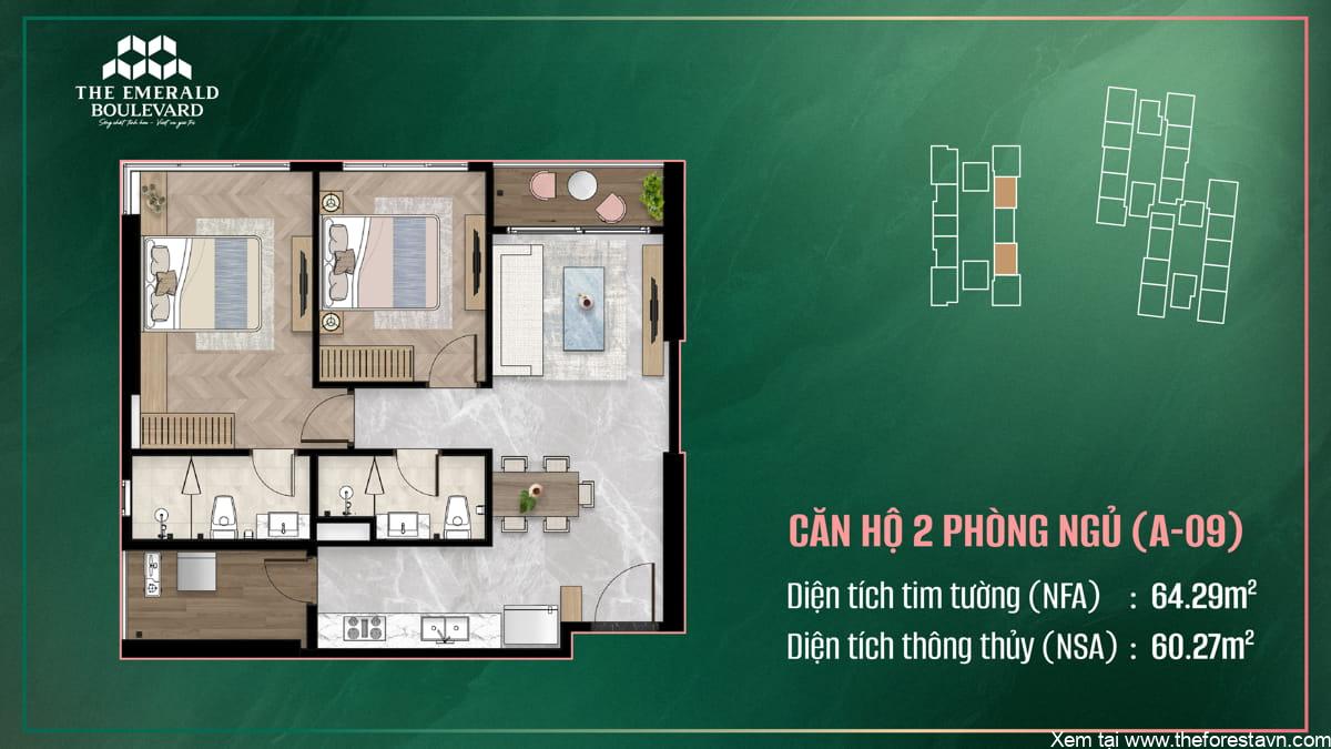Bản vẽ thiết kế căn hộ 2 phòng ngủ A-09 thuộc dự án The Emerald Boulevard