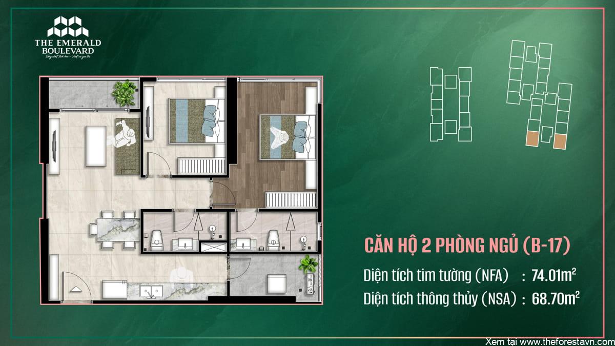 Bản vẽ thiết kế căn hộ 2 phòng ngủ loại B-17 tại The Emerald Boulevard