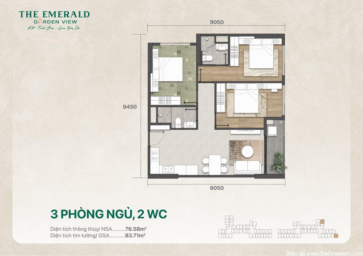 Bản vẽ thiết kế căn hộ 3 phòng ngủ 2 WC có diện tích 83 m2, bố trí công năng và kích thước chi tiết