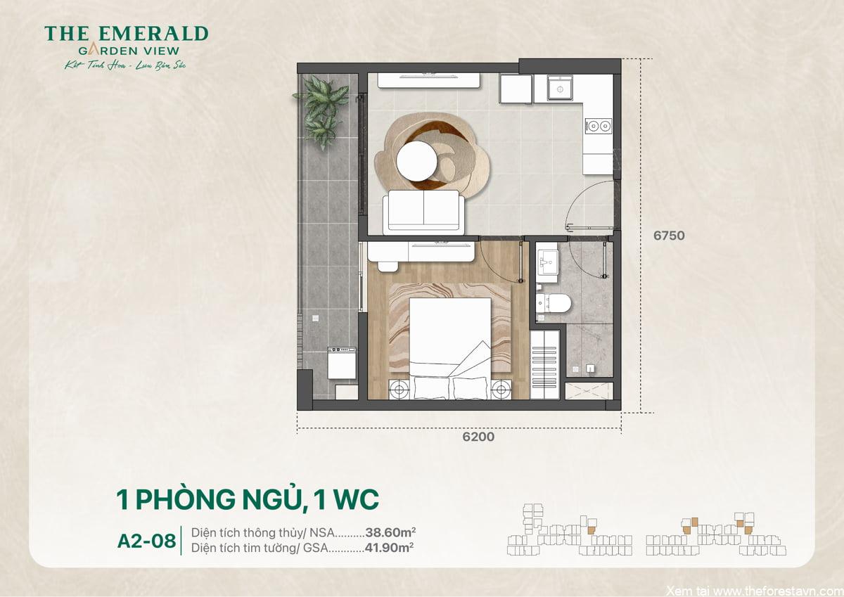 Bản vẽ thiết kế căn hộ một phòng ngủ, một vệ sinh, mã A2-08, diện tích 41 mét vuông, chi tiết và thông số