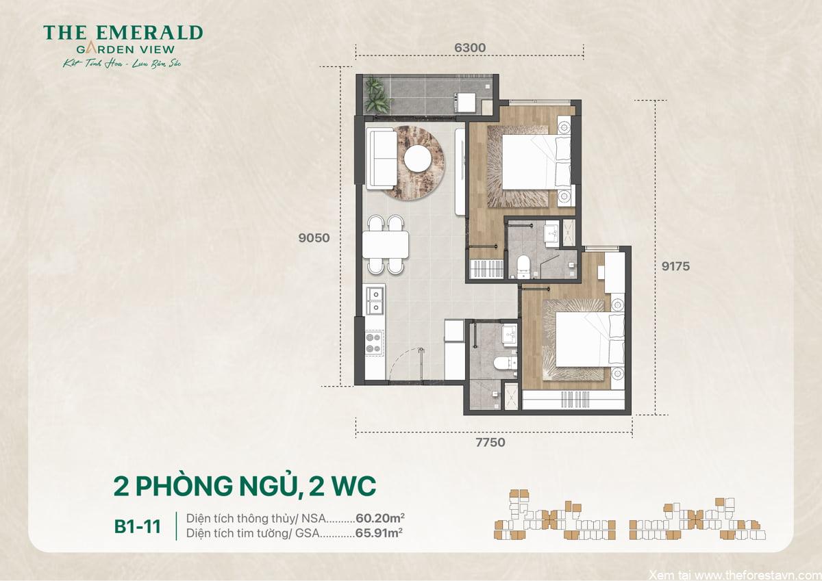 Bản vẽ thiết kế chi tiết căn hộ 2 phòng ngủ 2 vệ sinh mã B1-11 diện tích 65 m2