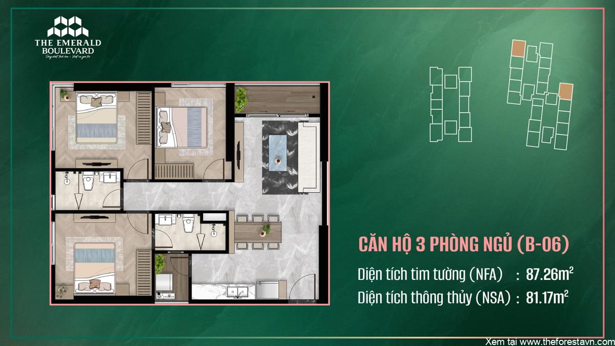 Bố cục nội thất căn hộ 3 phòng ngủ B-06 thuộc dự án The Emerald Boulevard