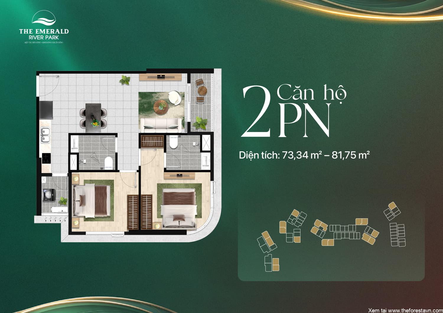 Bố trí mặt bằng căn hộ 2 phòng ngủ The Emerald River Park diện tích 73 m2 đến 81 m2