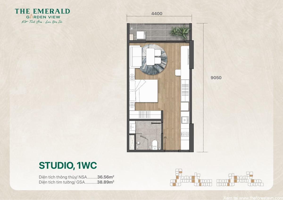 Bố trí mặt bằng căn studio có 1 WC, diện tích 38 m2 trong bản vẽ thiết kế
