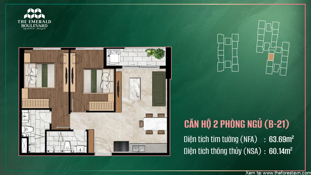 Bố trí nội thất căn hộ 2 phòng ngủ B-21 tại The Emerald Boulevard, bao gồm phòng khách, bếp và phòng ngủ chính