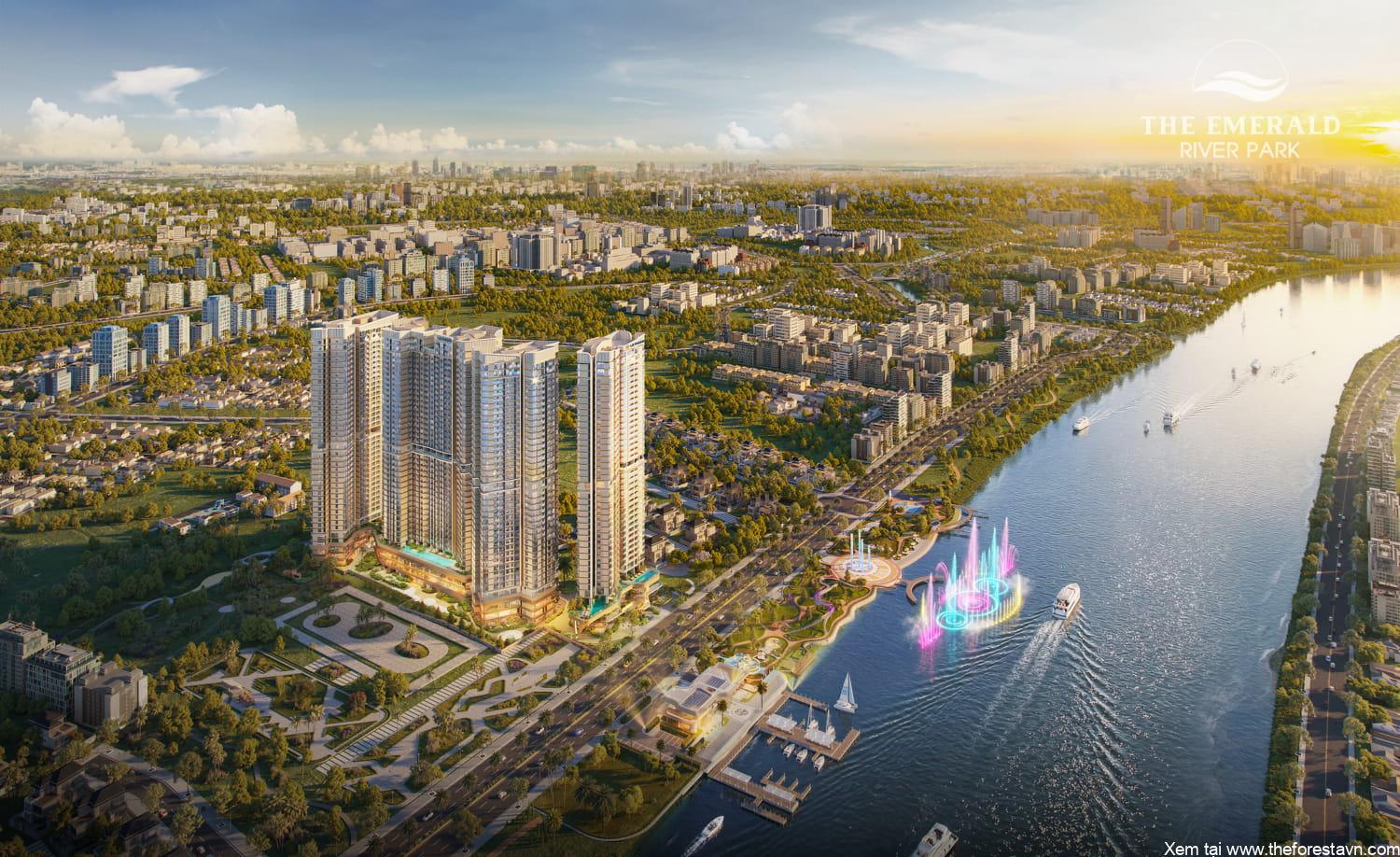Góc nhìn The Emerald River Park với bến du thuyền và quảng trường nhạc nước ven sông Sài Gòn
