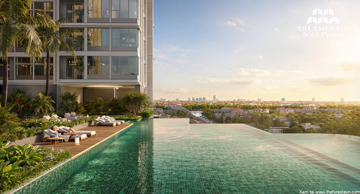 Hồ bơi tràn bờ tầng 5 The Emerald Boulevard với tầm nhìn rộng mở ra khu vực xung quanh