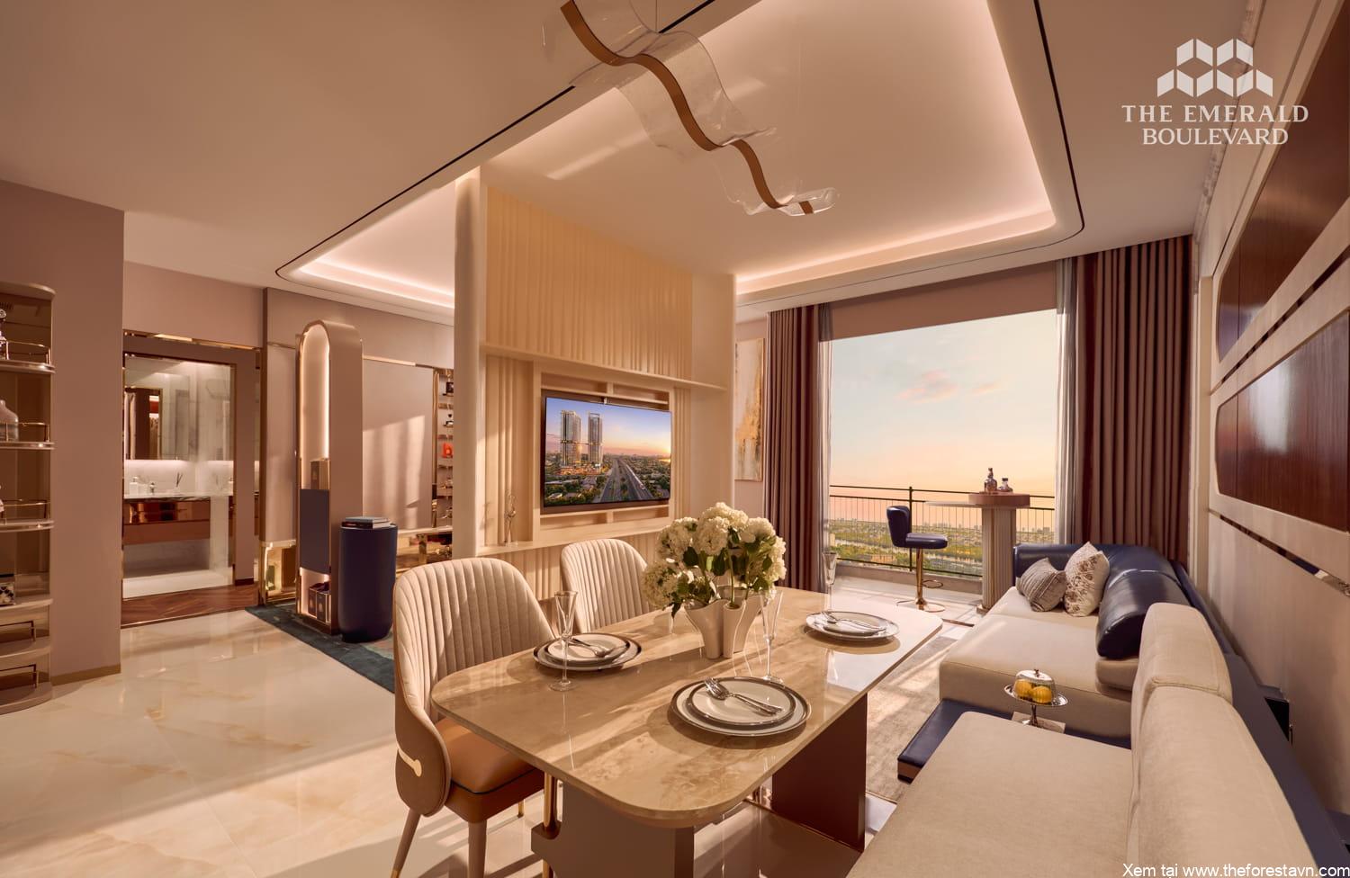 Không gian phòng khách căn hộ mẫu hai phòng ngủ thuộc dự án The Emerald Boulevard