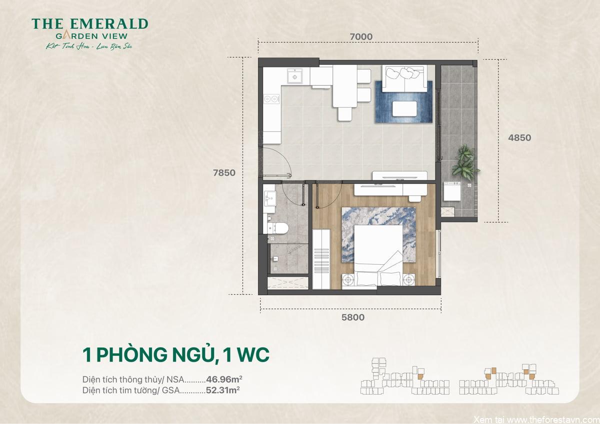 Mặt bằng căn hộ 1 phòng ngủ, 1 vệ sinh, diện tích 52 m2 với bố trí hợp lý