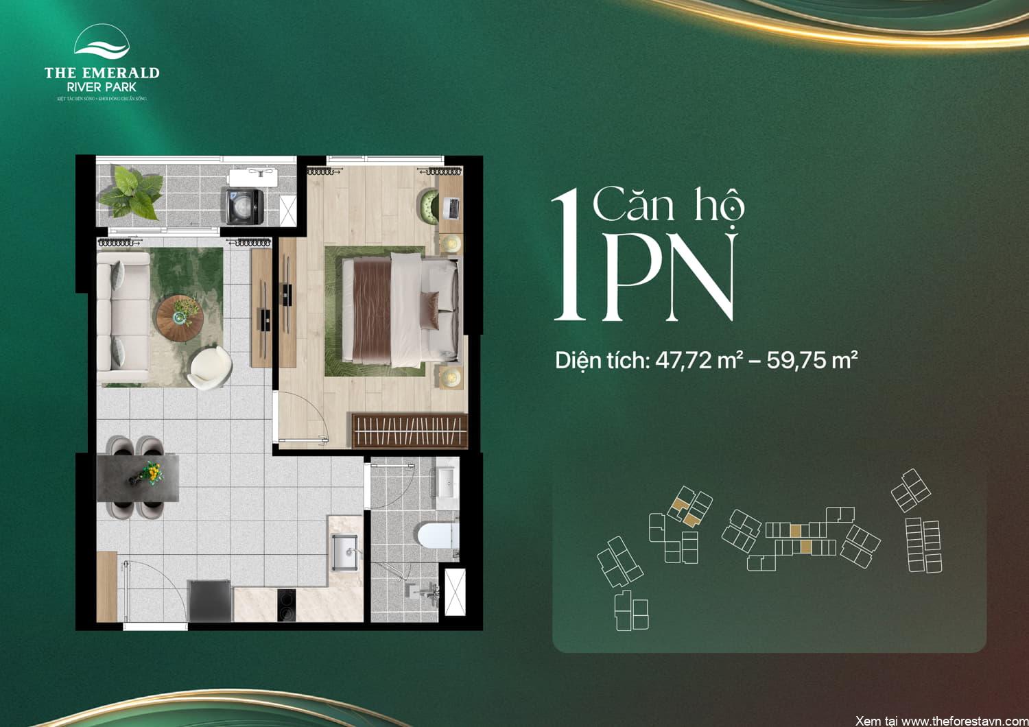 Mặt bằng căn hộ 1PN The Emerald River Park diện tích 47 đến 59 m2