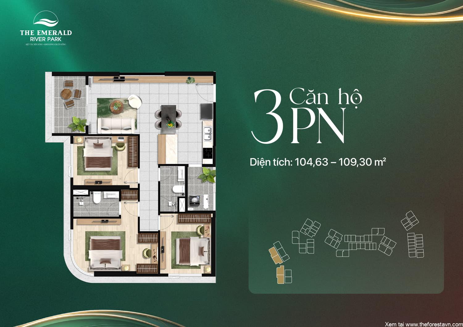 Mặt bằng căn hộ 3PN The Emerald River Park diện tích 104-109 m2