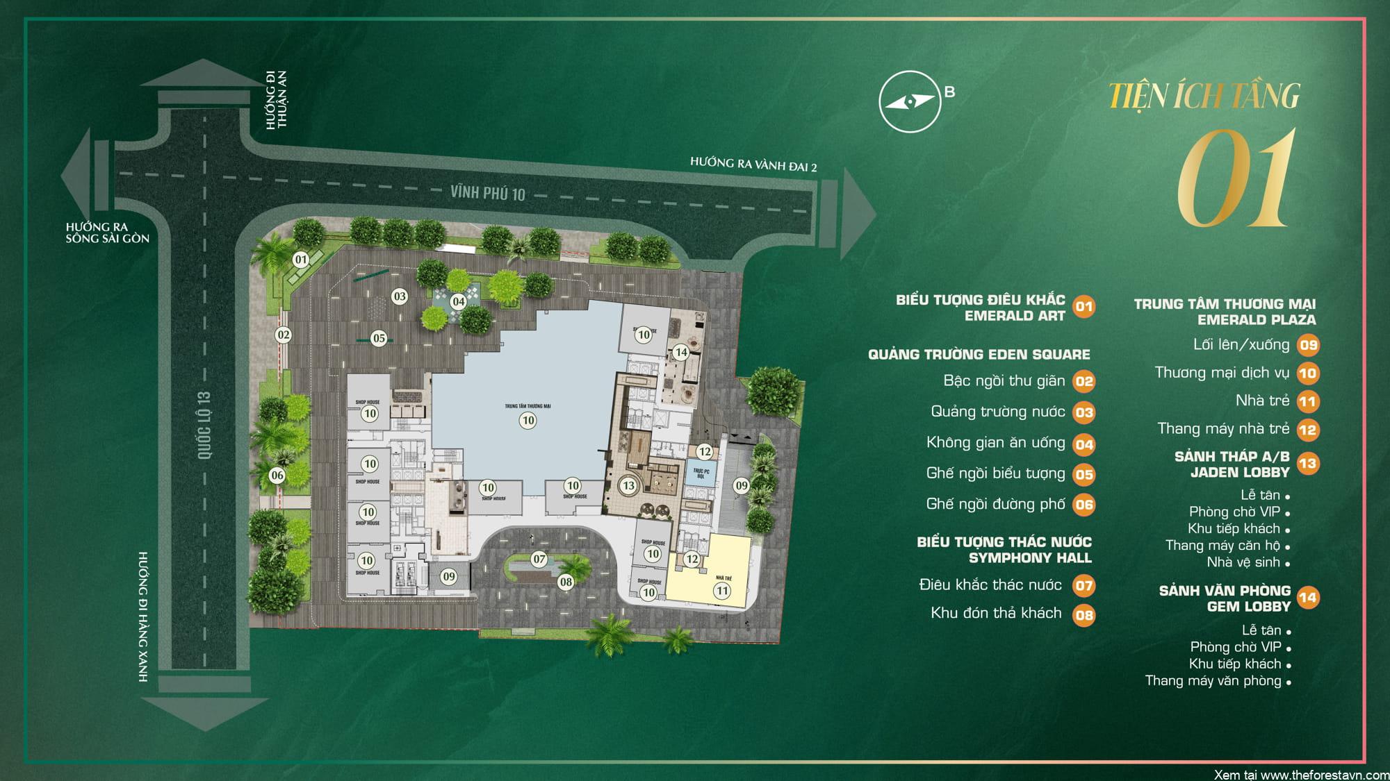 Mặt bằng chi tiết bố trí các tiện ích tầng 1 dự án The Emerald Boulevard