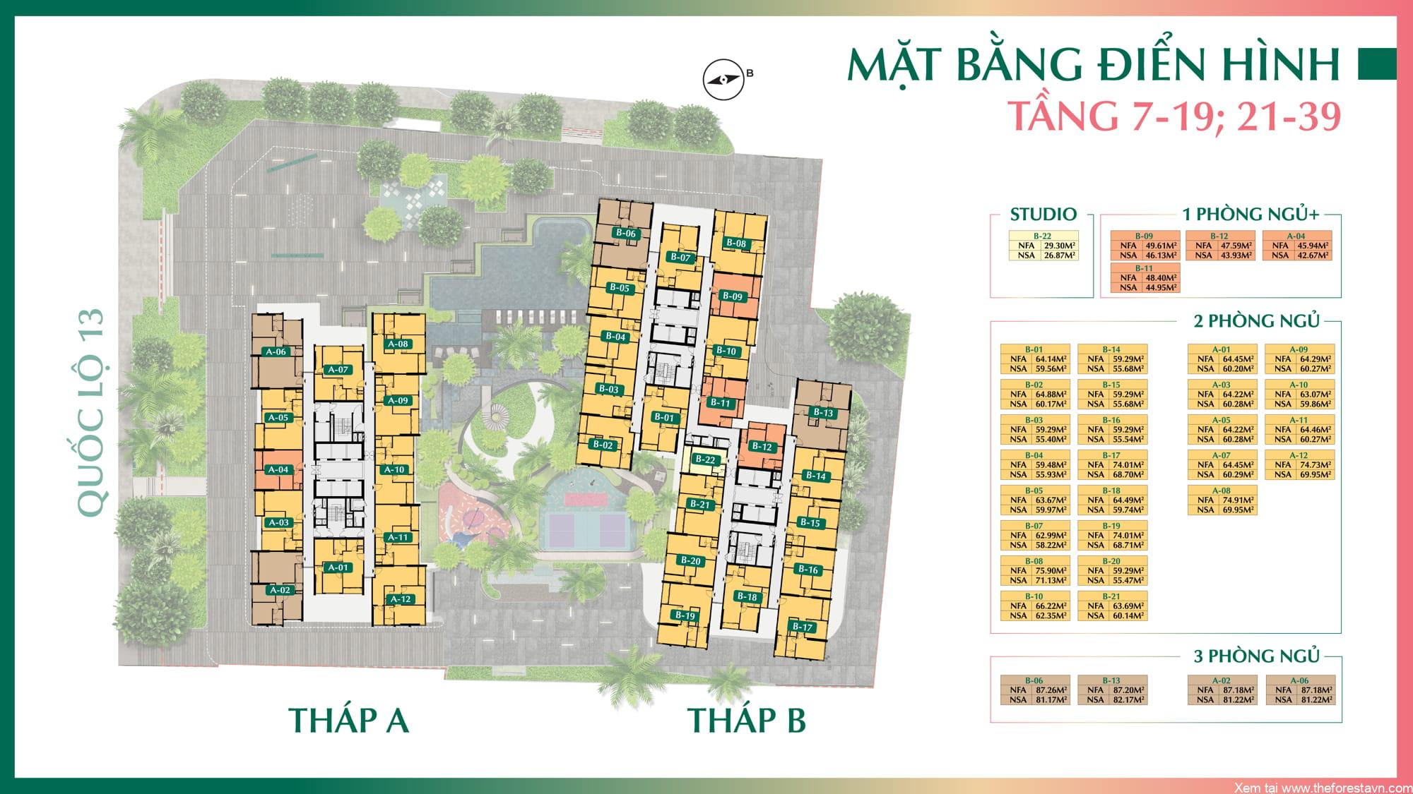 Mặt bằng điển hình The Emerald Boulevard cho các tầng 7 đến 19 và 21 đến 39