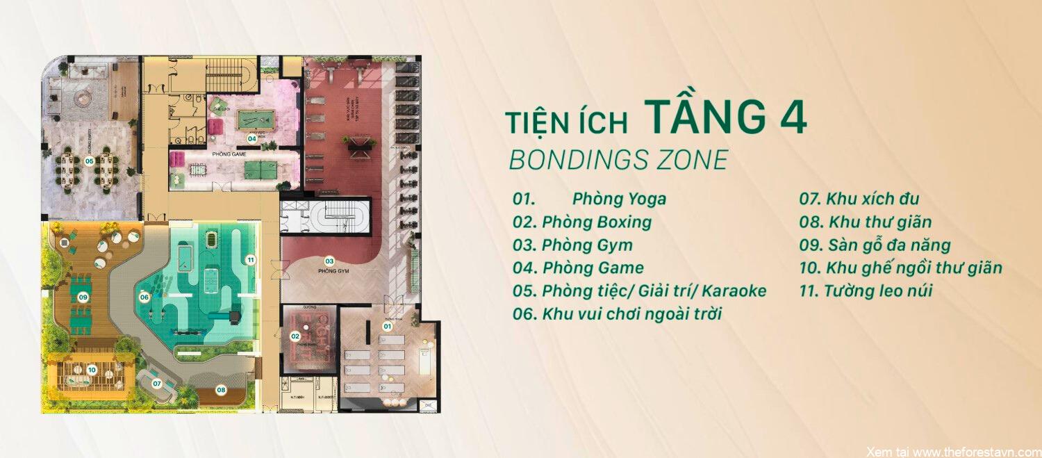 Mặt bằng tầng 4 The Emerald Garden View trình bày 11 tiện ích: yoga, boxing, gym, game, leo núi