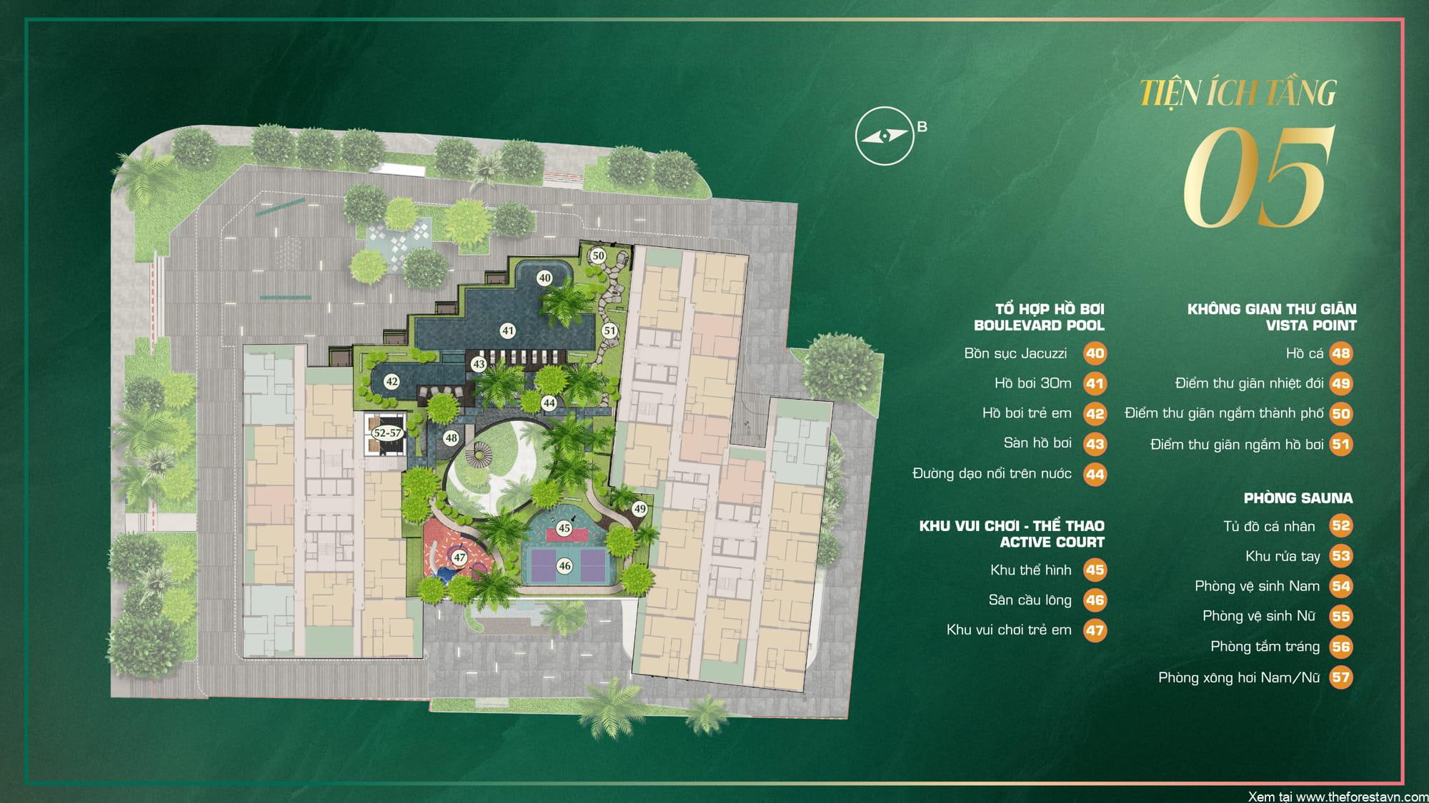 Mặt bằng tầng 5 The Emerald Boulevard hiển thị bố trí chi tiết các tiện ích phục vụ cư dân