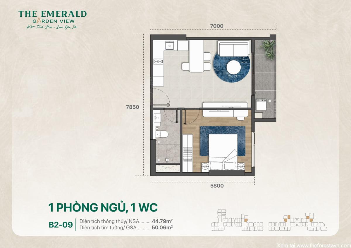 Mặt bằng thiết kế căn hộ 1 phòng ngủ 1 vệ sinh mã B2-09 có diện tích 50 m2