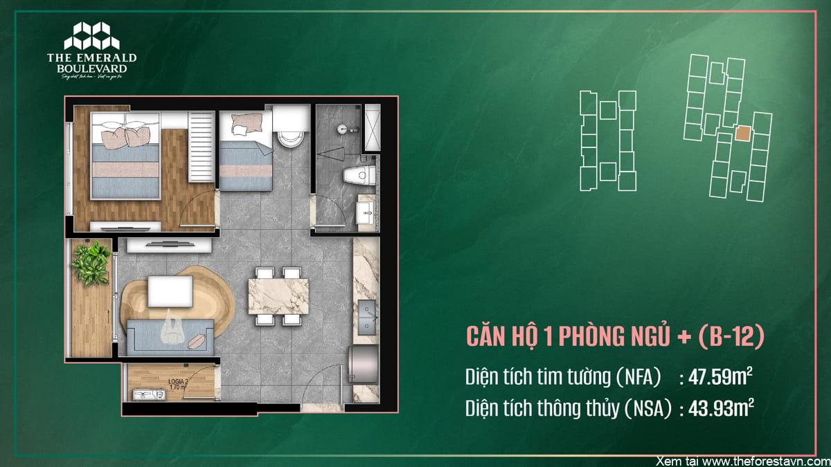 Mặt bằng thiết kế căn hộ 1PN Plus B-12 The Emerald Boulevard
