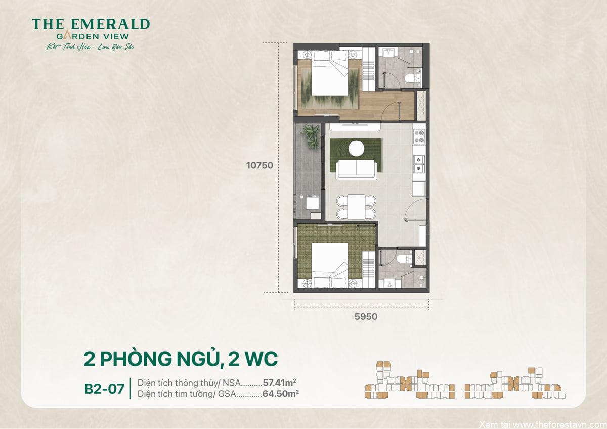 Mặt bằng thiết kế căn hộ B2-07 gồm 2 phòng ngủ và 2 WC, tổng diện tích 64 m2, thể hiện phân chia không gian
