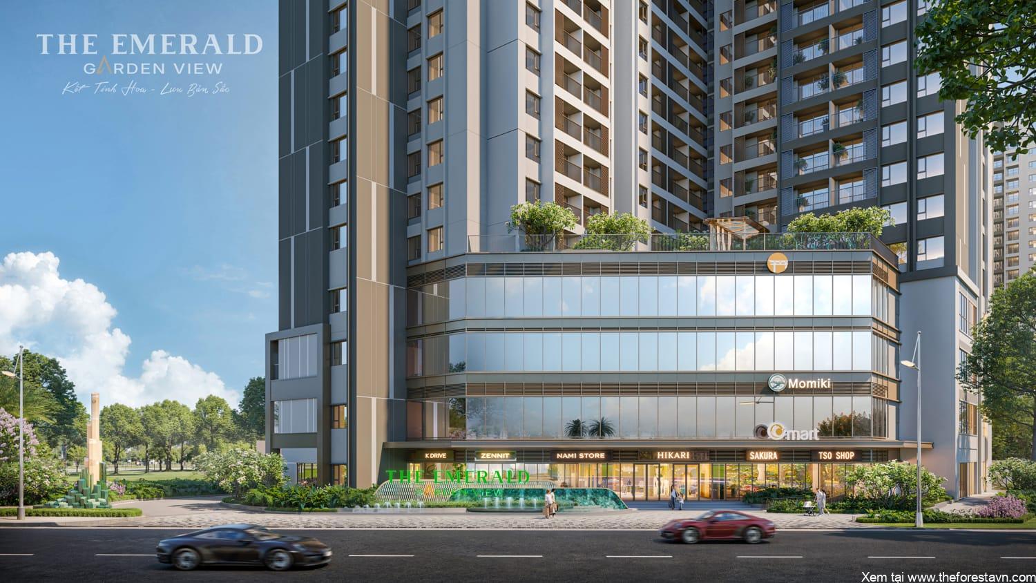 Phối cảnh trung tâm thương mại bốn tầng đặt trong khối đế thuộc dự án The Emerald Garden View