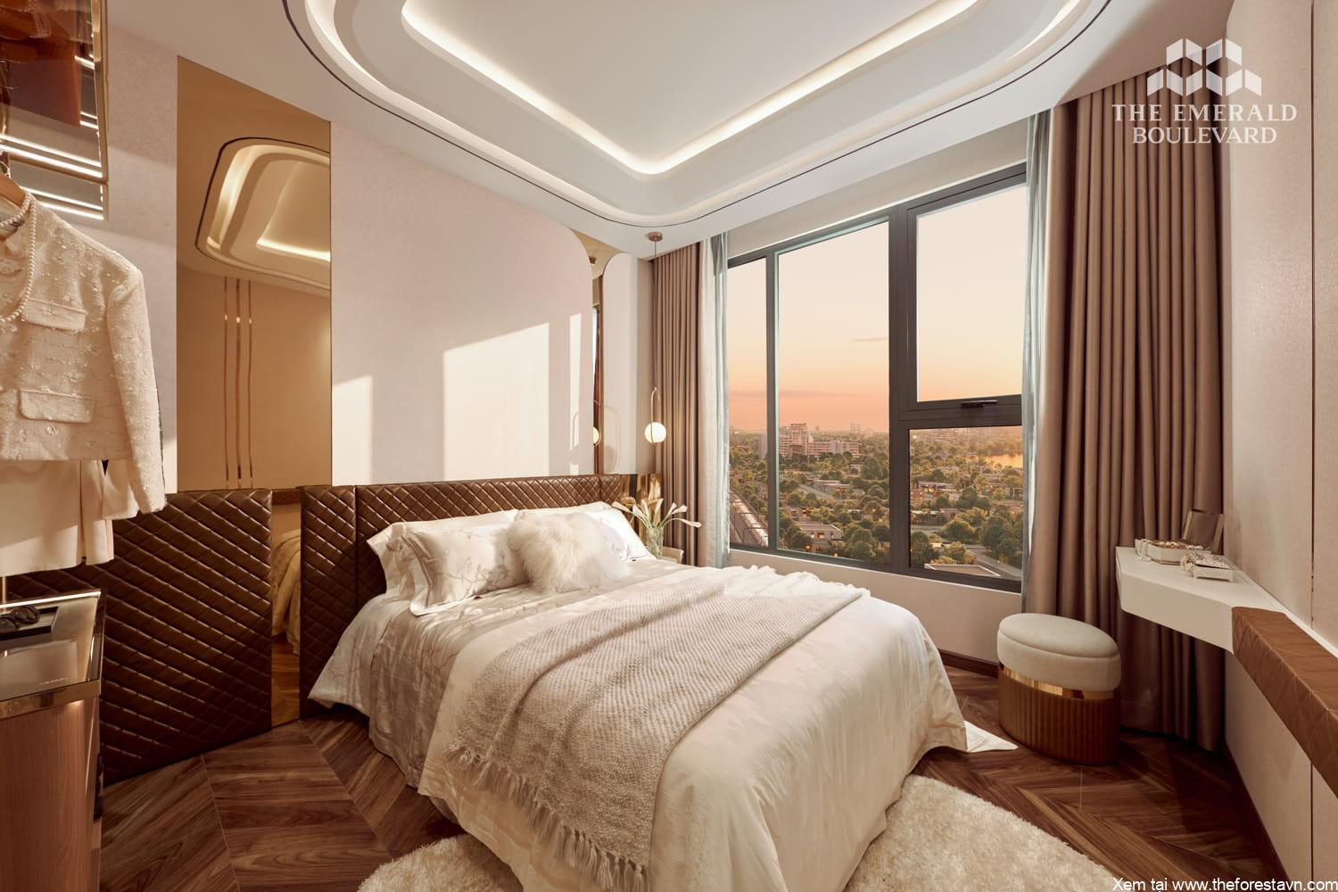 Phòng ngủ căn hộ mẫu 2PN thuộc The Emerald Boulevard, không gian nghỉ ngơi chính trong thiết kế căn hộ