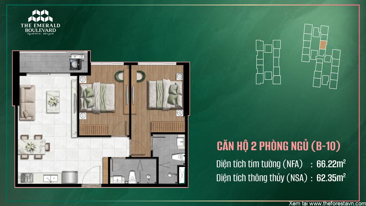 Phương án thiết kế căn hộ 2 phòng ngủ B-10 tại The Emerald Boulevard, trình bày bố cục và phân chia không gian