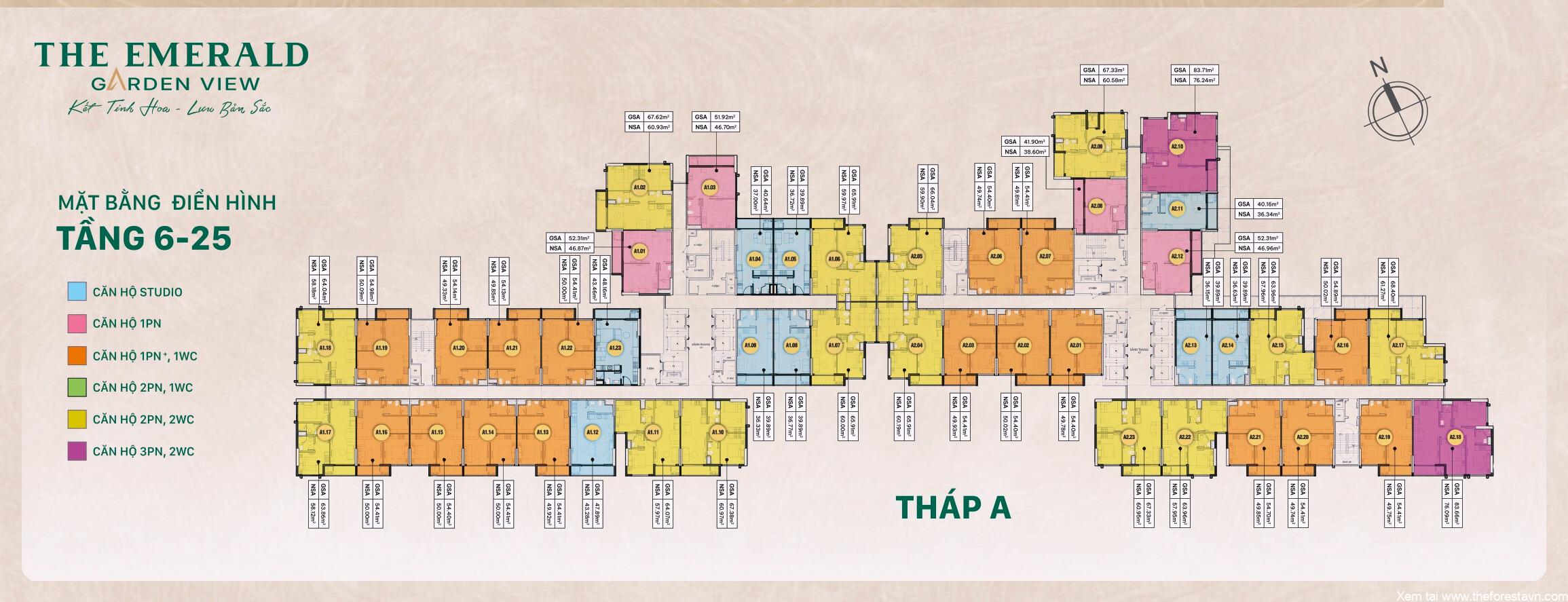 Sơ đồ Tháp A The Emerald Garden View tầng 6–25: vị trí, mã căn, diện tích chi tiết