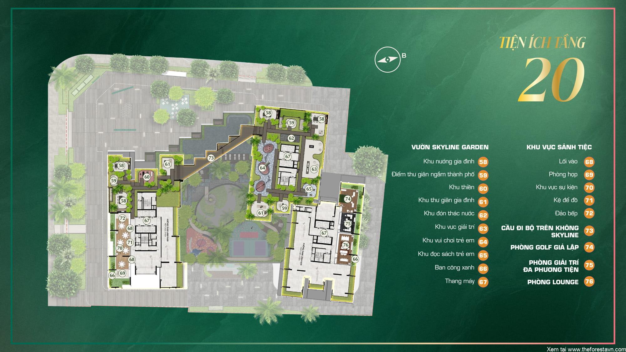 Sơ đồ mặt bằng chi tiết vị trí các tiện ích ở tầng 20 thuộc dự án The Emerald Boulevard, thể hiện phân chia khu chức năng
