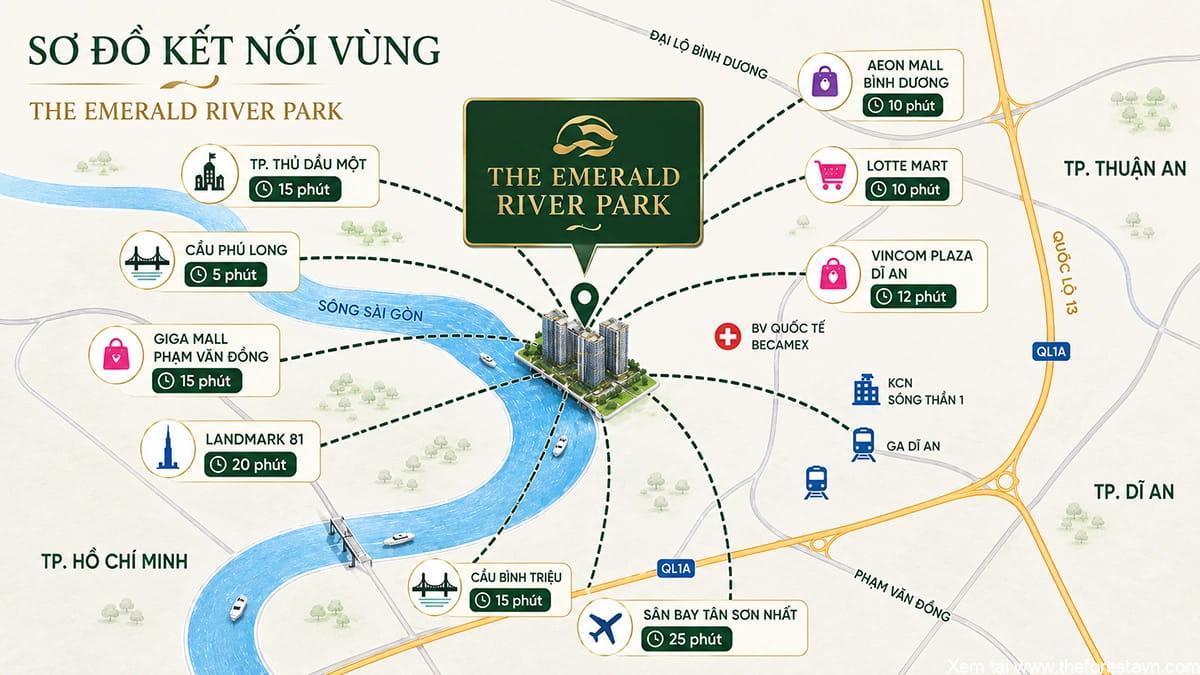Sơ đồ minh họa mạng lưới kết nối giao thông tại The Emerald River Park