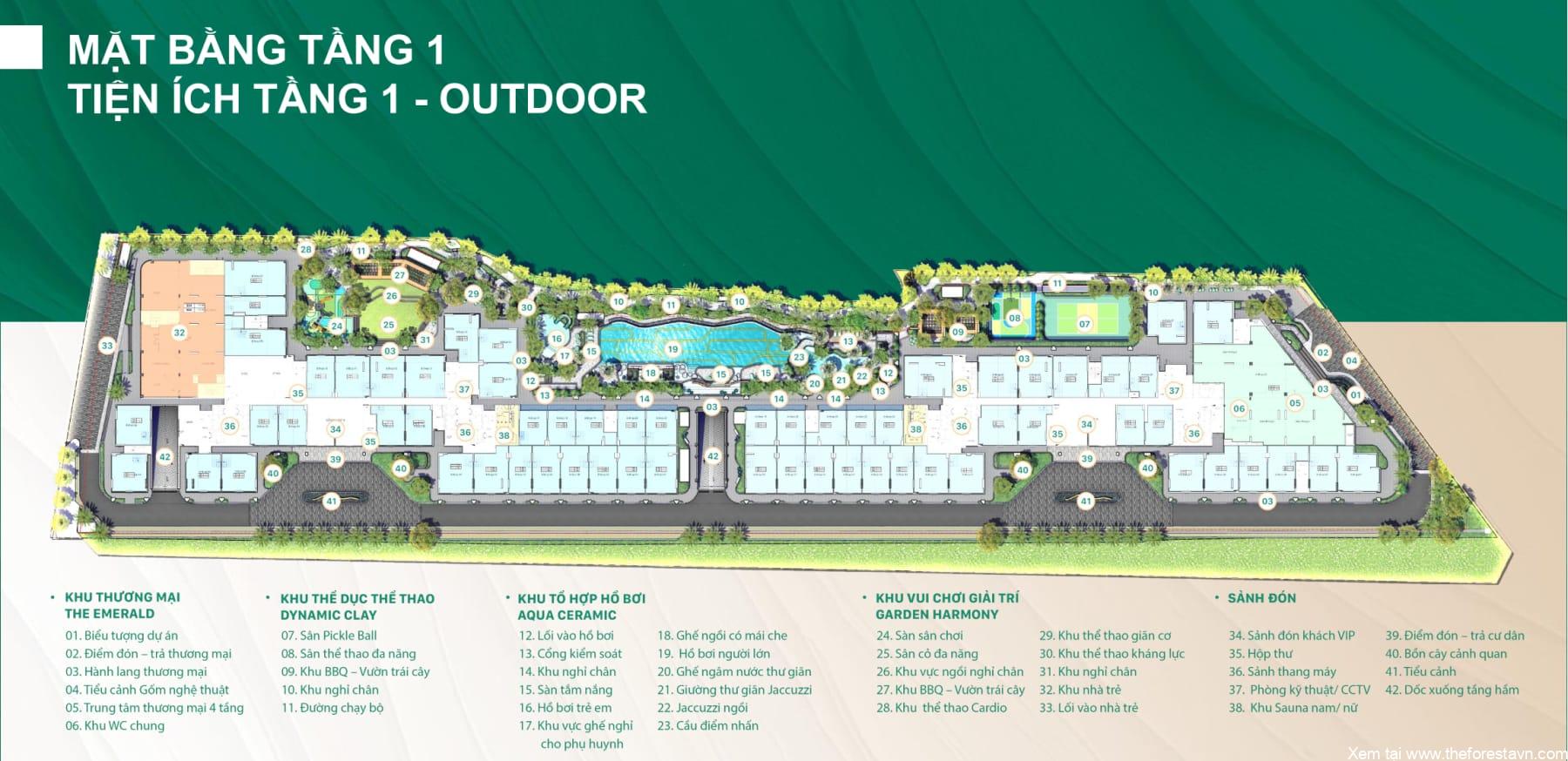 Tầng 1 TheEmeraldGardenView có thương mại, thể thao, hồ bơi, sảnh đón