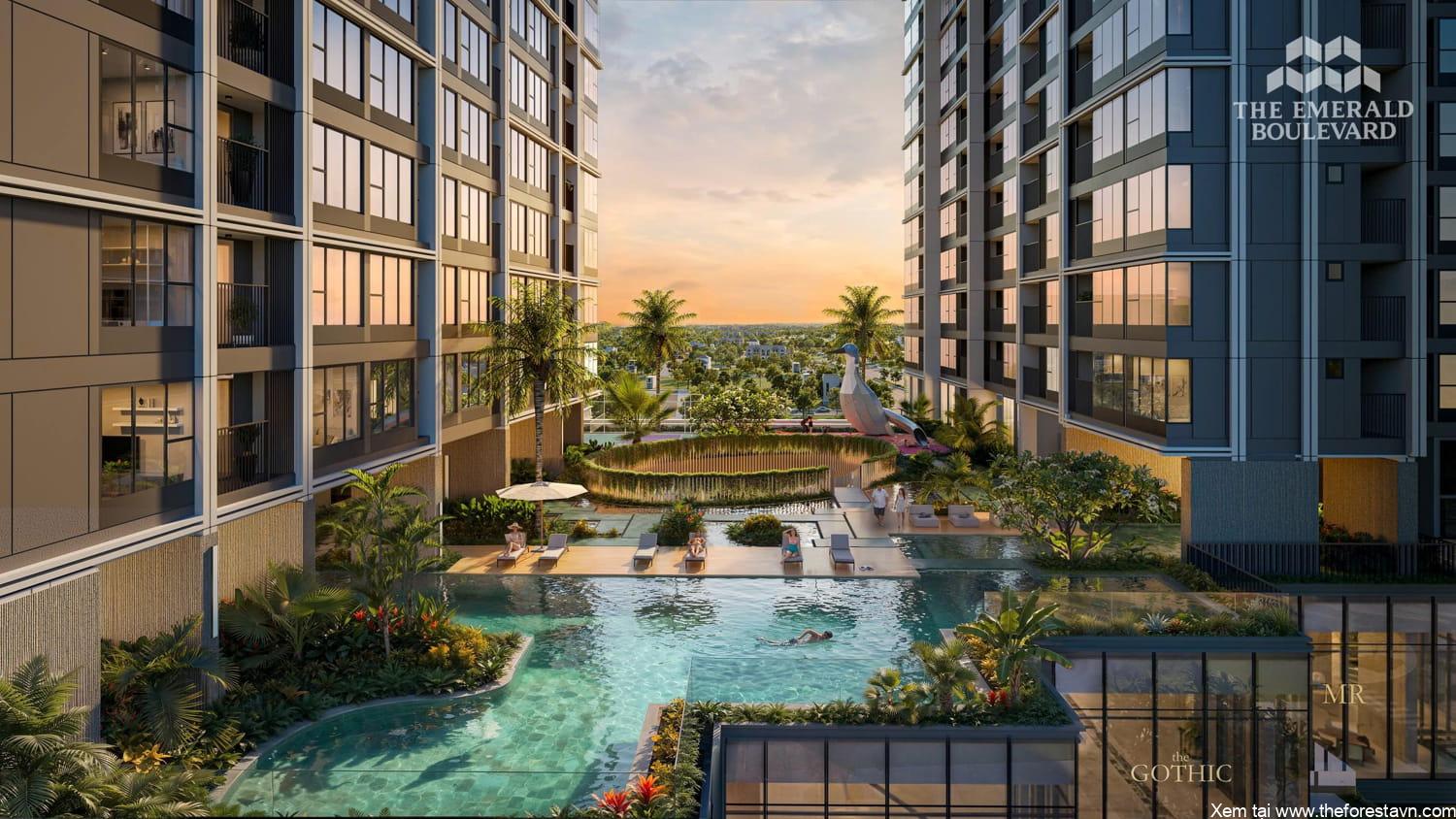 Tầng 5 The Emerald Boulevard có cụm hồ bơi, khu thể thao và khu thư giãn