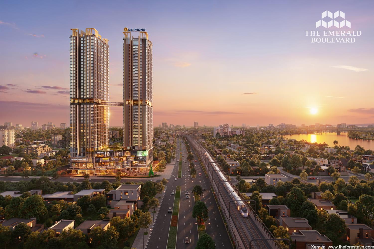 The Emerald Boulevard lúc chiều nhìn về hướng quốc lộ 13, tuyến Metro chạy qua và dòng sông