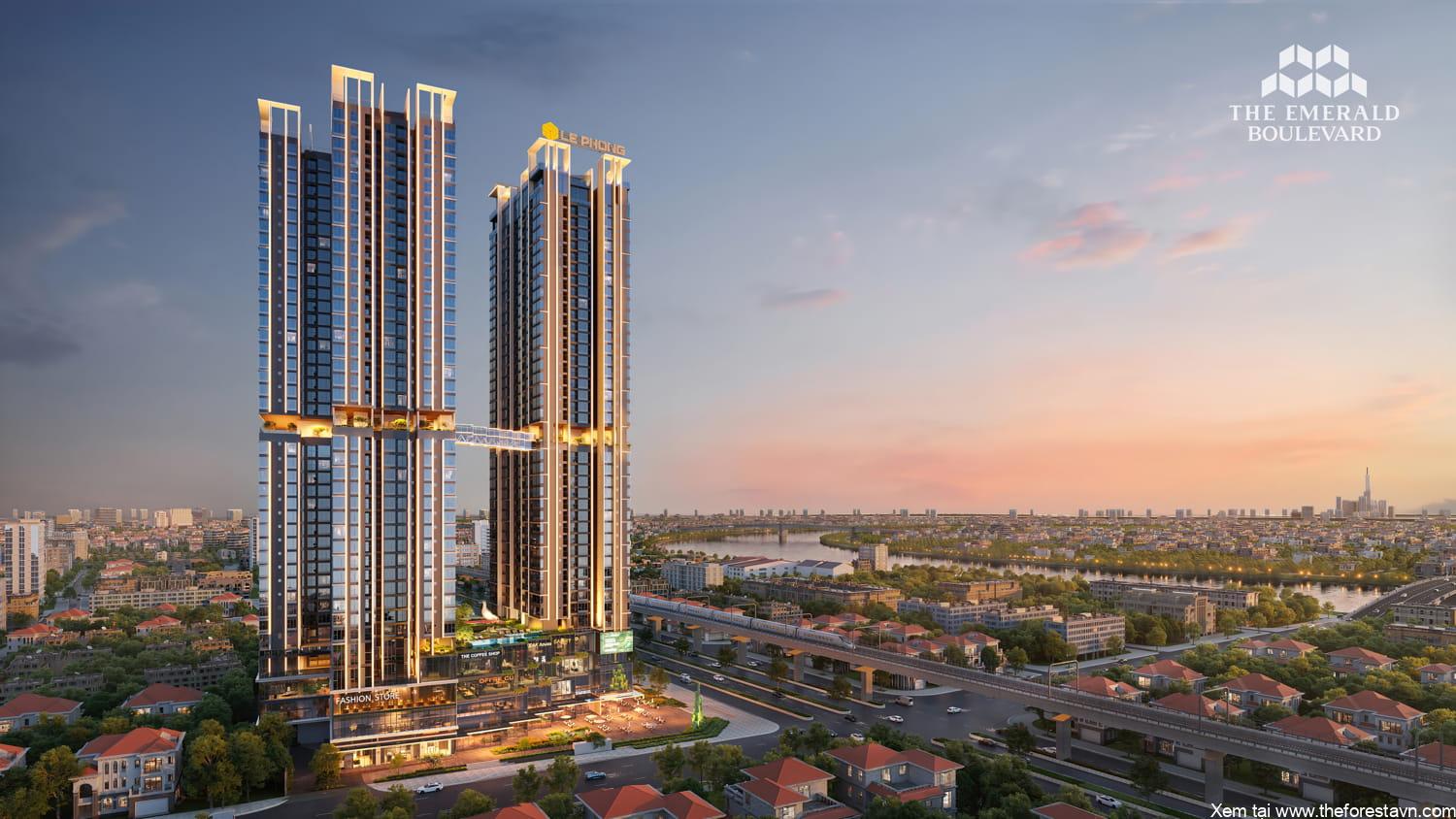 The Emerald Boulevard nhìn ra sông, sở hữu mặt tiền QL13 và tiếp giáp ga Metro