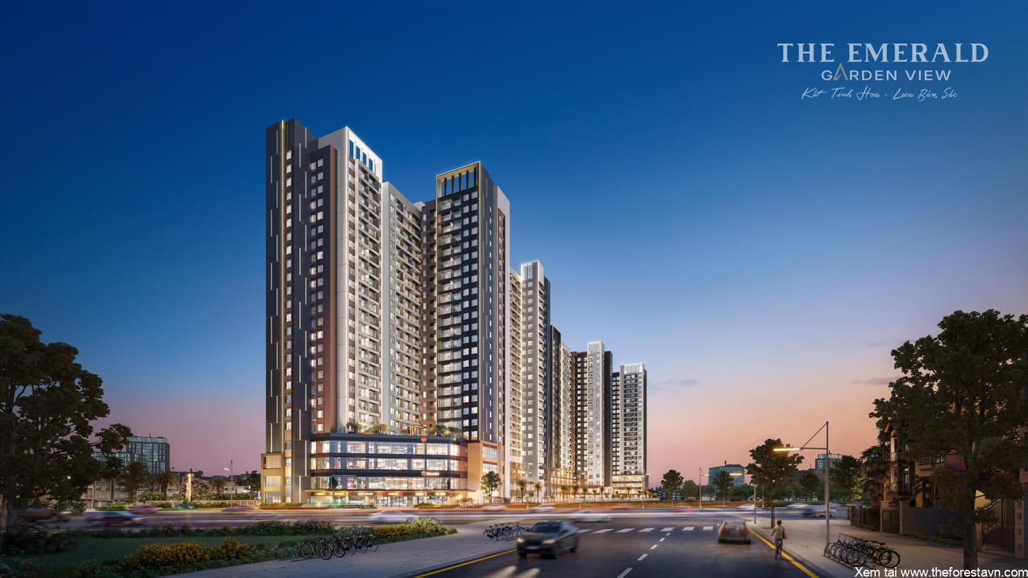 The Emerald Garden View về đêm, quy mô 2.000 căn hộ, góp phần làm nổi bật cảnh quan đô thị và điểm nhấn khu vực