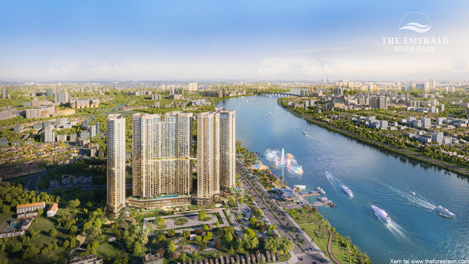 The Emerald River Park dọc sông lớn với quảng trường nhạc nước và bến du thuyền