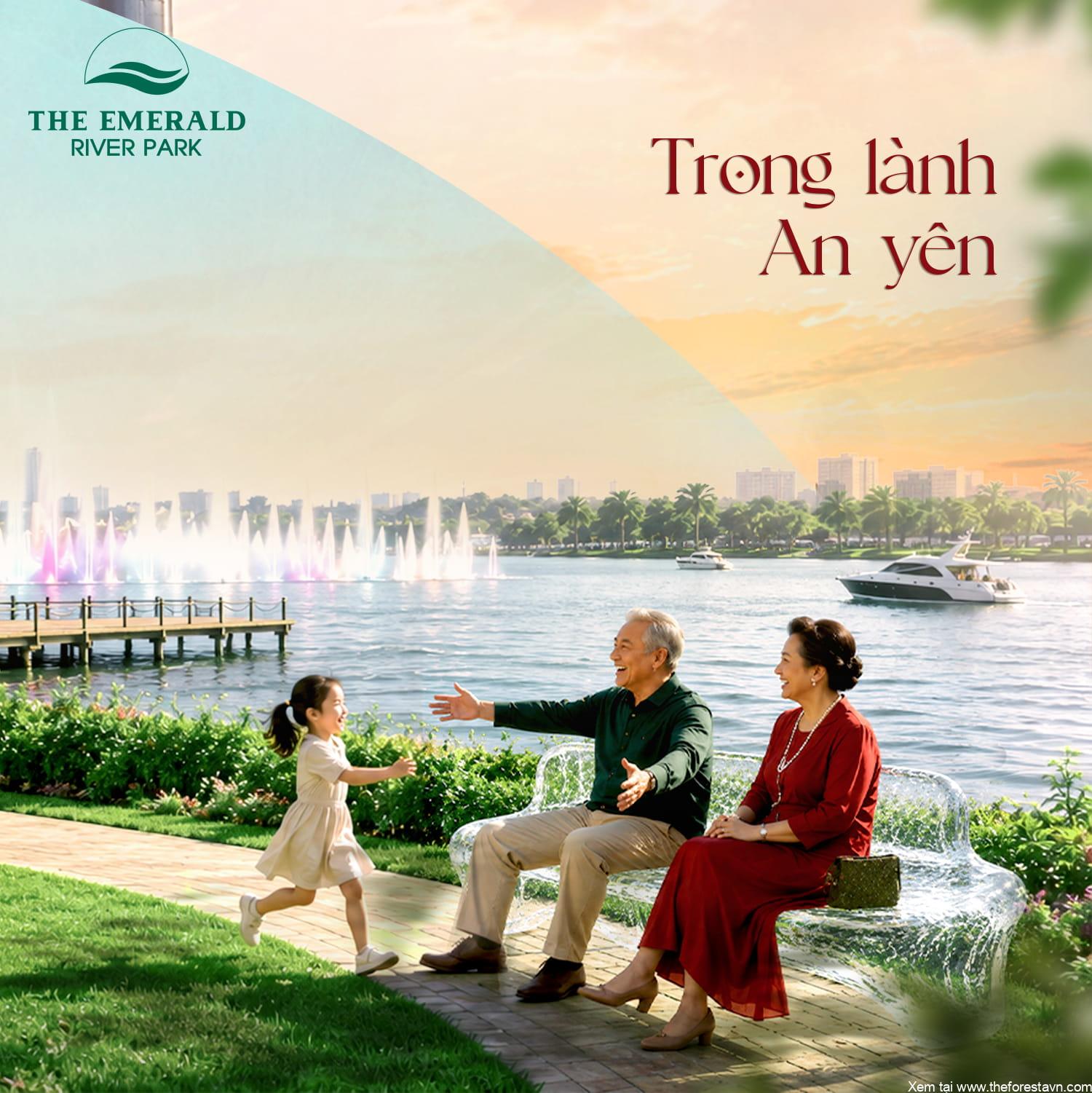 The Emerald River Park khuôn viên với môi trường sống trong lành, không khí yên tĩnh, cây xanh và lối đi thư thái