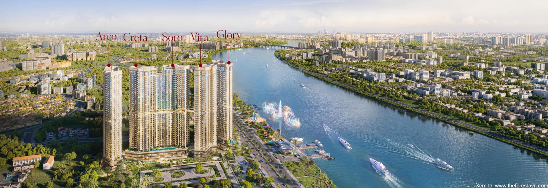 The Emerald River Park nhìn ra sông với năm tòa tháp Arco, Creta, Soro, Vira và Glory