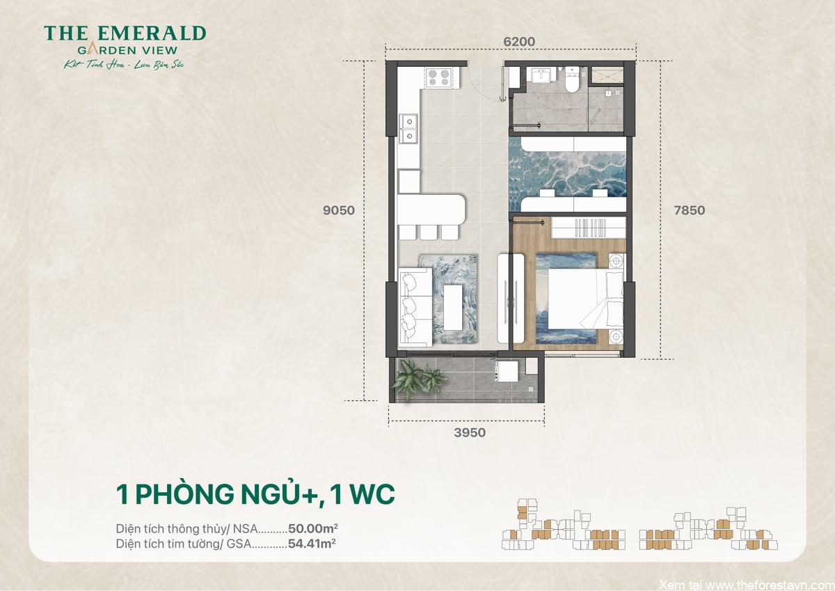 Thiết kế căn 1PN Plus với 1WC diện tích 54 m2