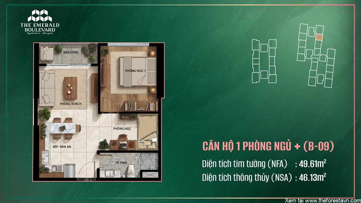 Thiết kế căn hộ 1PN Plus B-09 tại The Emerald Boulevard, bố trí công năng, phong cách hiện đại tối ưu không gian
