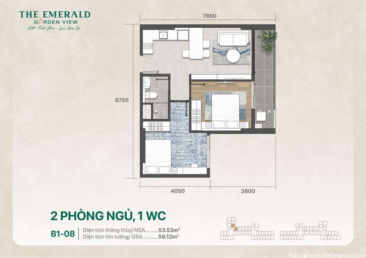 Thiết kế căn hộ 2PN 1WC mã B1-08 diện tích 59 m2