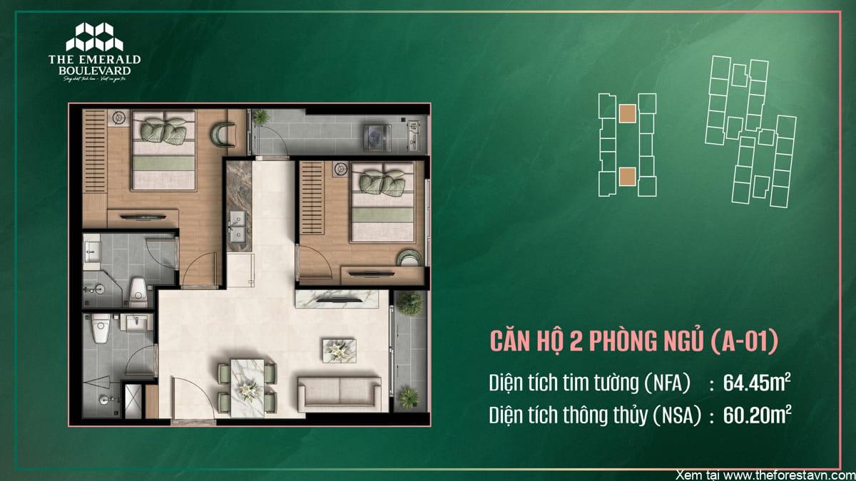 Thiết kế căn hộ 2PN A-01 tại The Emerald Boulevard, bố cục phòng khách, bếp và hai phòng ngủ thuận tiện, tối ưu diện tích