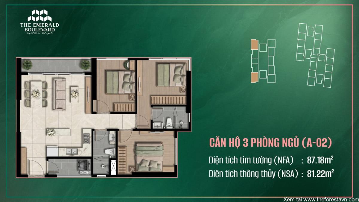 Thiết kế căn hộ 3 phòng ngủ A-02 của The Emerald Boulevard, bố trí không gian sinh hoạt gồm phòng khách, bếp và phòng ngủ