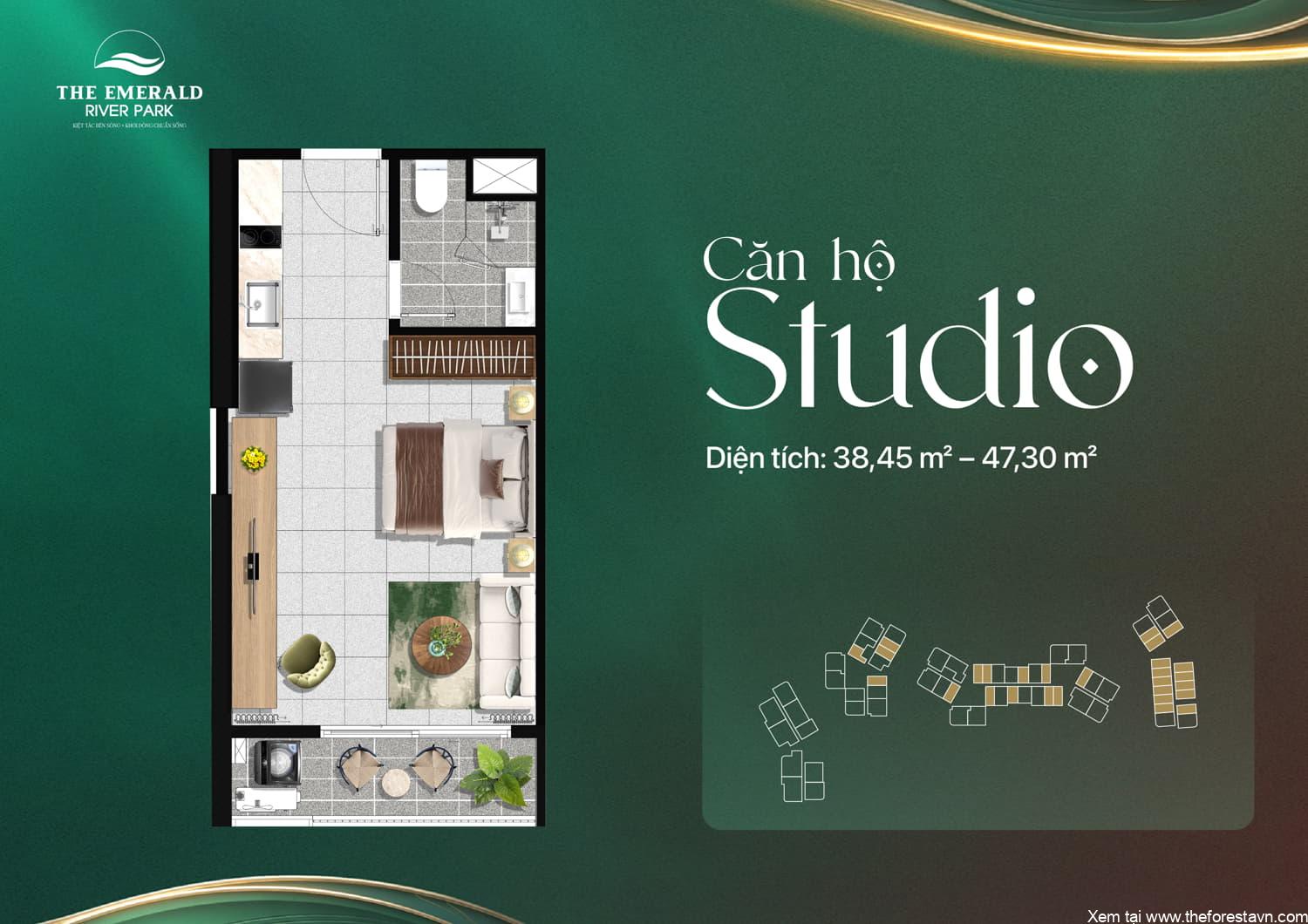 Thiết kế căn hộ Studio The Emerald River Park, diện tích 38 m2 đến 47 m2
