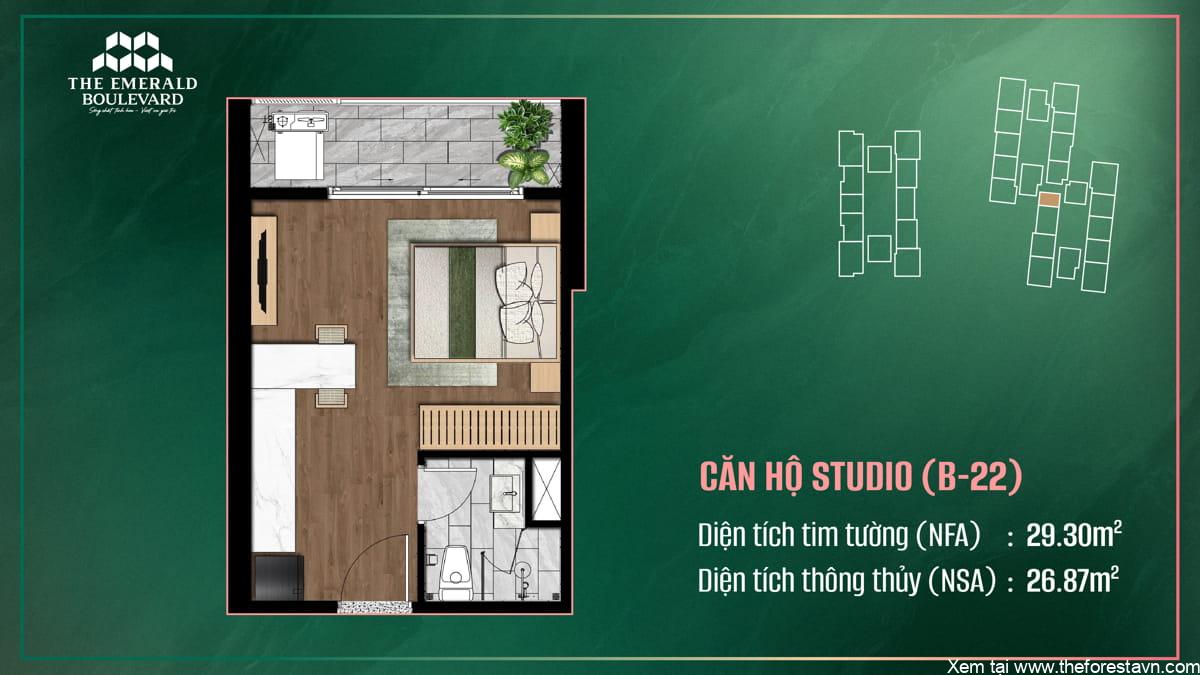 Thiết kế căn hộ studio B-22 tại The Emerald Boulevard, bố cục không gian và công năng được tối ưu